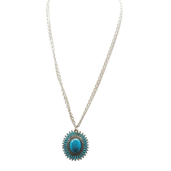 Vintage Silver-Tone Sunburst Pendant Necklace with Turquoise Blue Marbled Caboch